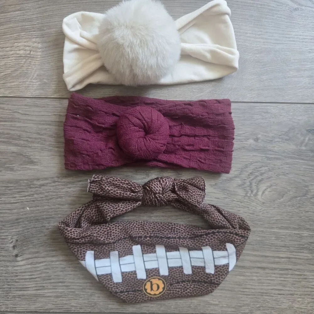 LOT OF 3 Baby Bling Bows Headbands Football Cream Pom Maroon Cable Knit Infant